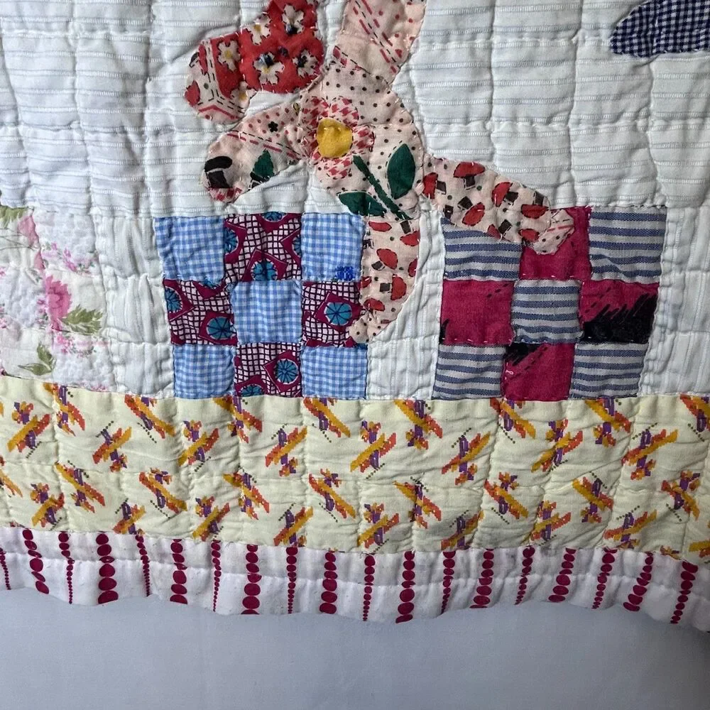Vintage 90s Handmade Hand-quilted Applique Colorful Baby/Child Crib Quilt